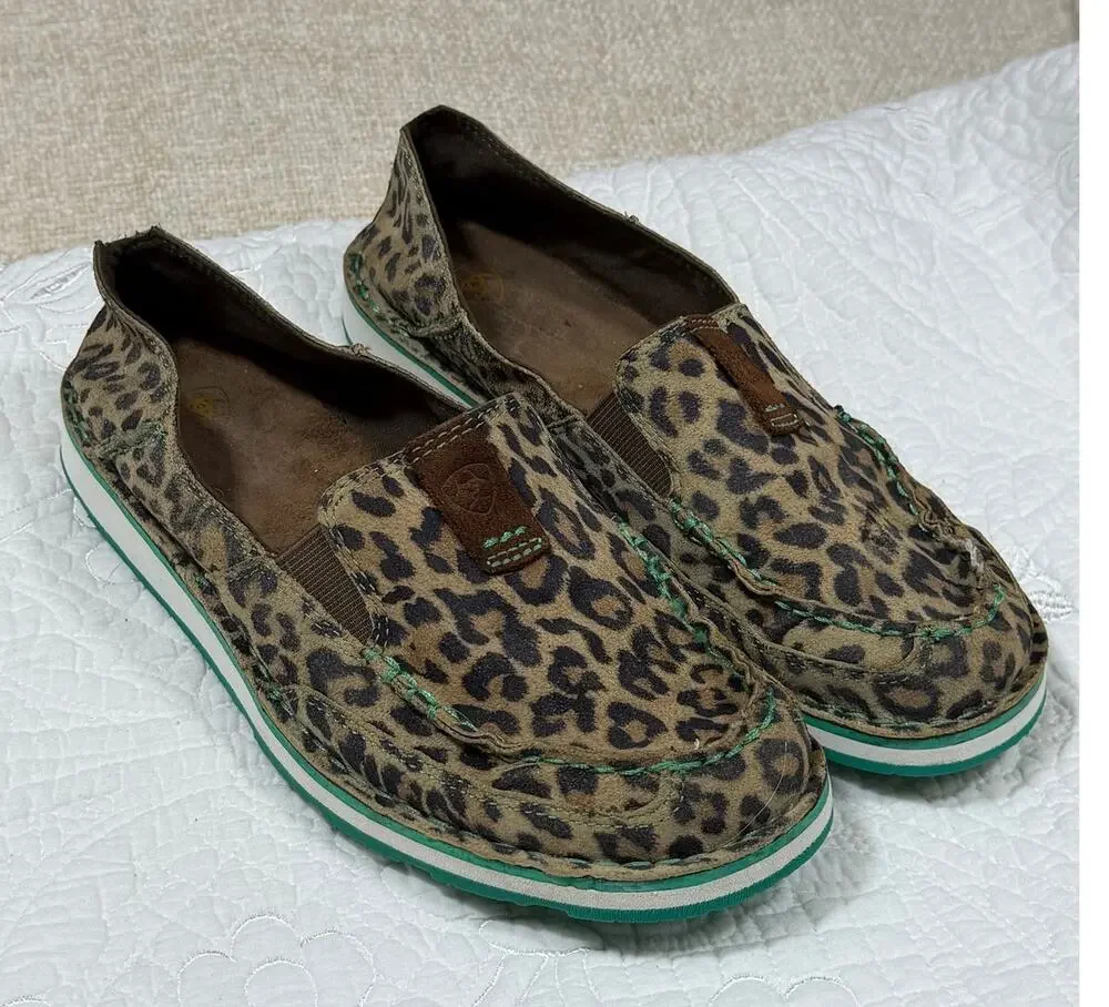 Ariat Women's 8.5 Tan Black Cheetah Print Western Canvas Slip On Loafer Shoes